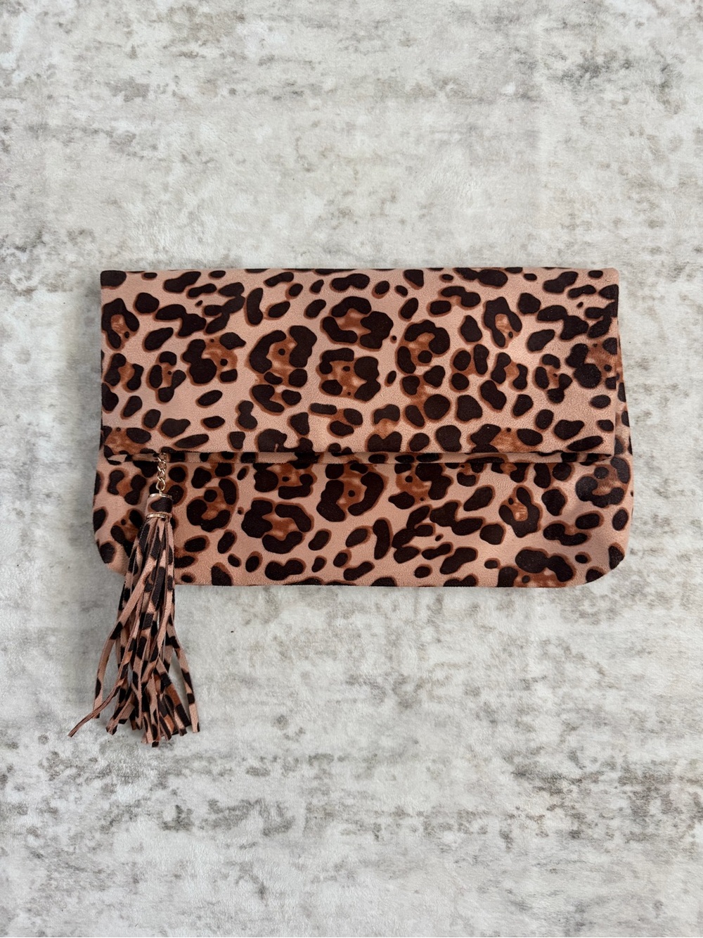 Leopard Print Fold-Over Clutch with Tassel